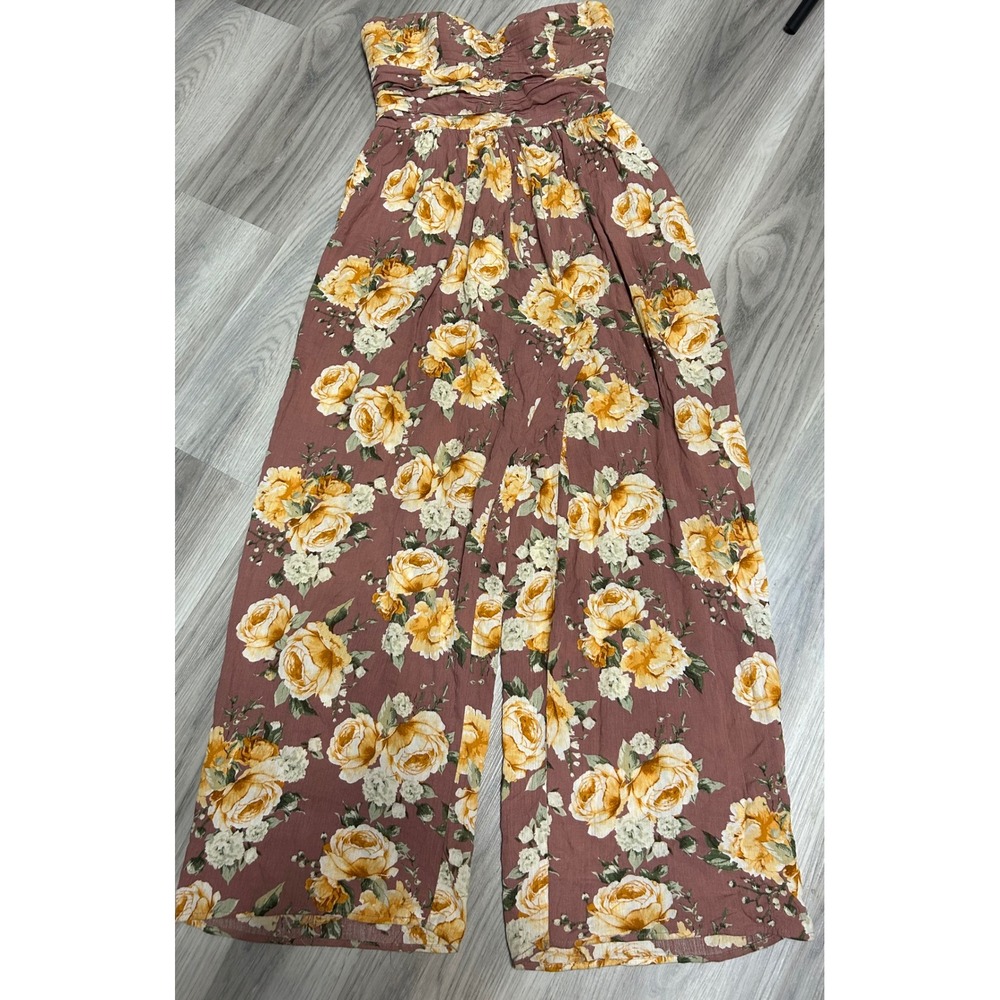 Band of Gypsies Womens Floral Strapless Wide Leg Jumpsuit Rayon M Mauve Yellow